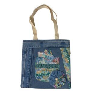 Handmade Denim & Fabric Tote Bag With Floral Appliqué